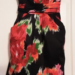Teeze Me Strapless Dress with Red and Green Floral Pattern